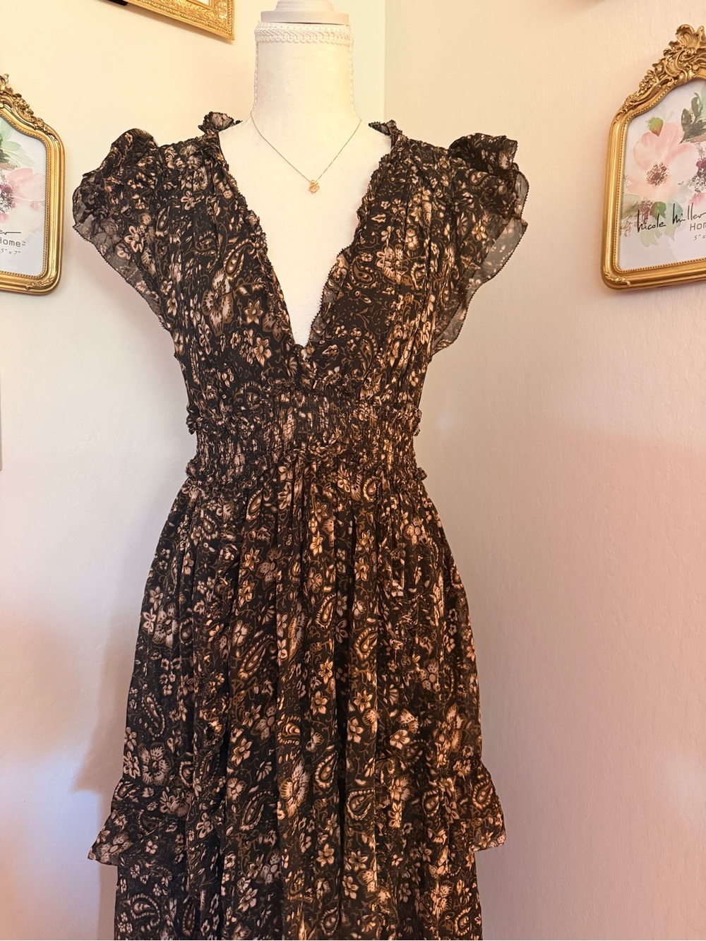 Ulla Johnson Black Floral Asymmetrical Midi Dress 100% Silk - Picture 10 of 12